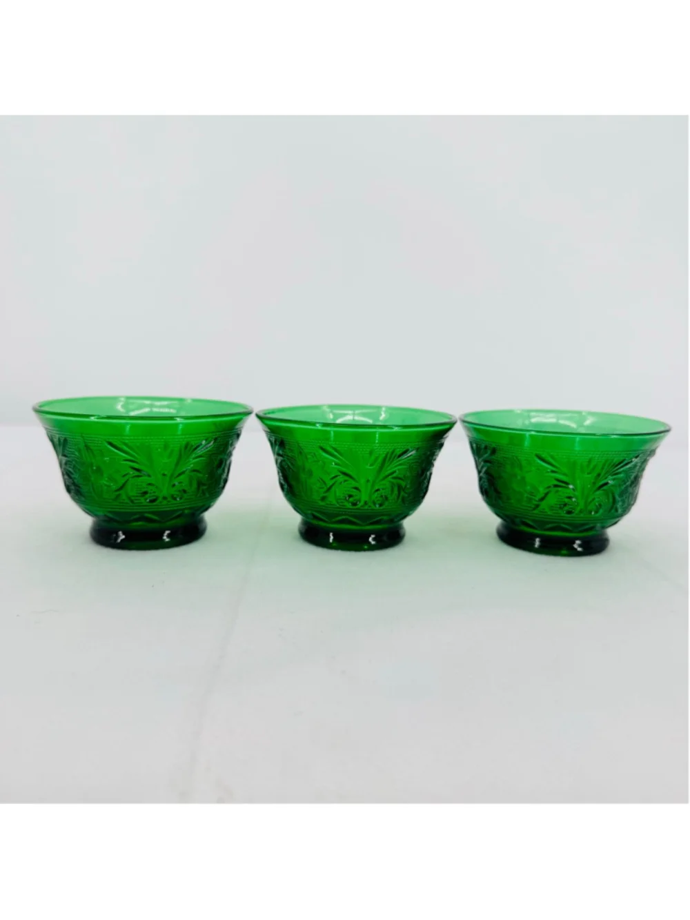 Anchor Hocking Set of 3 Custard Cups Sandwich Pattern Vtg Green Depression Glass